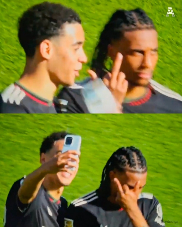 开云-逆转美因茨赛后穆西亚拉想与奥利塞合影，被后者“竖中指”拒绝